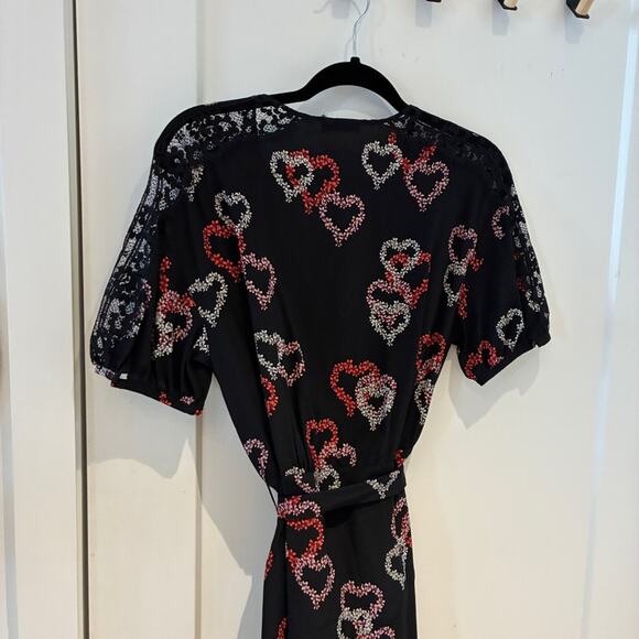 Sandro Black 100% Silk Floral Heart Print Midi Dress Small - Picture 6 of 14
